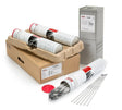 Lincoln Electric Excalibur 7018 MR Stick Welding Rod containers and loose electrodes, essential welding tools on white background.