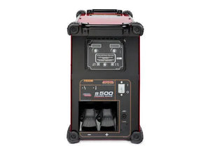 Front view of the Lincoln Power Wave S500 Advanced Process Factory Demo Welder (U2904-1) in red and black, featuring switches, two foot pedals, and multiple control and power sockets.