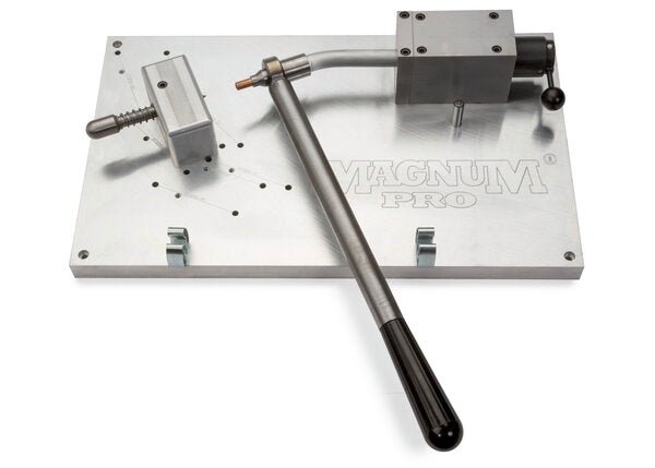 Lincoln Magnum PRO WC Gun Tube Straightener K4768-1 with long black handle, silver base, clamps—ideal welding accessory.