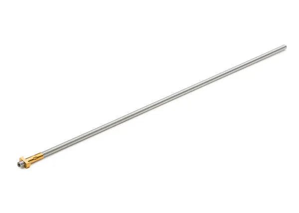 The Lincoln Robotic Torch Jump Liner 3/32 KP3364-11—a slender, threaded metal rod with a gold and silver fitting—compatible with Magnum PRO Robotic Torches, shown on a plain white background.