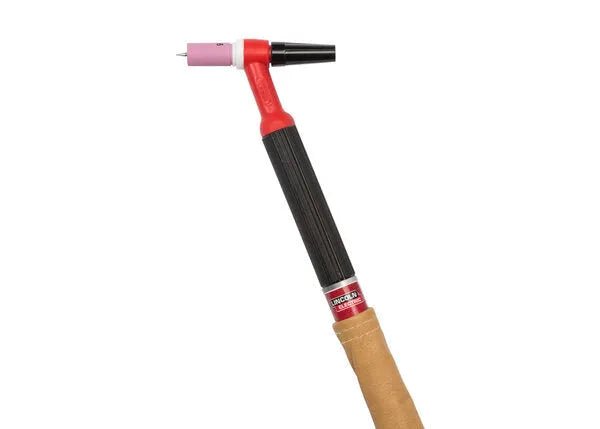 The Lincoln 20H-320-25R 320A Pro Torch (K4168-2) is a water-cooled TIG torch with a black ribbed handle, red neck, pink ceramic nozzle, and angled design plus partial tan protective cover, shown against a white background.