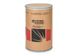 A large upright brown cardboard drum with metal rims labeled “Lincoln EDS29592 SuperArc LA-90 MIG GMAW Mild Steel Welding Wire, 0.052 in, 1000 lb Accu-Trak Drum,” featuring black and red geometric designs like sparks.