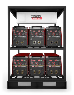 A black Lincoln Flextec 350X Construction 6-Pack Rack w/Casters One-Pak (K4277-3) holds six red and black welding inverters in two rows of three, with a white Lincoln Electric-branded unit on the top shelf.