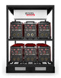 A black Lincoln Flextec 350X Construction 6-Pack Rack w/Casters One-Pak (K4277-3) holds six red and black welding inverters in two rows of three, with a white Lincoln Electric-branded unit on the top shelf.