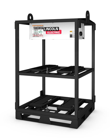 The Lincoln FLEXTEC 650X EMPTY 4-PACK RACK is a black metal industrial frame with two shelves and top mounting points, designed for heavy-duty equipment storage or transport, supporting a white Lincoln Electric control box with warning labels.
