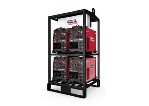 Four Lincoln Flextec® 650X welders are stacked two per level in the black K3510-1 4-Pack Rack, displaying front-panel dials and switches against a plain white background.