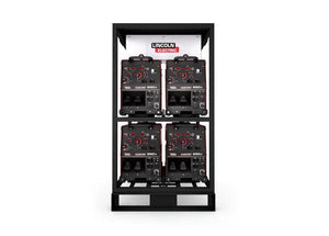 The Lincoln Flextec¨ 650X 4-Pack Rack (K3510-1) is a black metal rack that holds four Flextec 650X welders in two rows of two, with control panels visible and the Lincoln Electric logo displayed at the top.