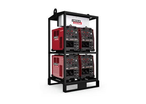 The Lincoln Flextec® 650X 4-Pack Rack (K3510-1) securely holds four Lincoln Flextec® 650X welders in black metal, stacked two per row, with visible control panels and adjustment knobs on each unit.