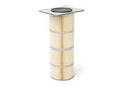 The Lincoln Filter KP4519-4, a cylindrical MERV 11 oil-resistant polyester filter with beige pleats, gray horizontal bands, and a flat square metal top with a central circular opening, stands upright on a white background.