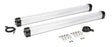 The Lincoln LED Light Kit for Welding Booths (4 and 5 Foot Wide) – AD1389-21 includes two long white LED fixtures with black end caps, installation brackets, screws, a power cord, and a connection cable—all displayed on a white background.