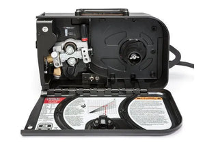 Lincoln Activ8X Wire Feeder Machine Tweco (U3519-1) with open side panel showing wire feed, tension controls—portable welder tool.