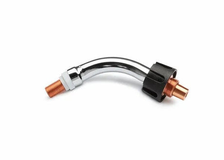 The Lincoln Magnum PRO Curve HDE Gun Tube, 45°, 250A KP4693-45 features threaded copper ends and a black plastic grip, shown isolated on a white background.