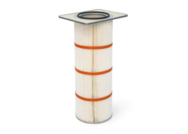 The Lincoln Filter KP4519-5 is a cylindrical MERV 16 oil-resistant polyester filter for Prism Central Systems. It features vertical white pleats, three orange bands, a square gray top with a central opening, and a solid gray circular base.