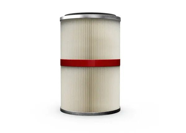 The Lincoln X-Tractor 2 Filter, MERV 16, PTFE 500mm (red strap) - KP5178-3 is a high-efficiency cylindrical air filter with pleated white media, a red middle band, black and silver end caps, and stands upright on a white background.