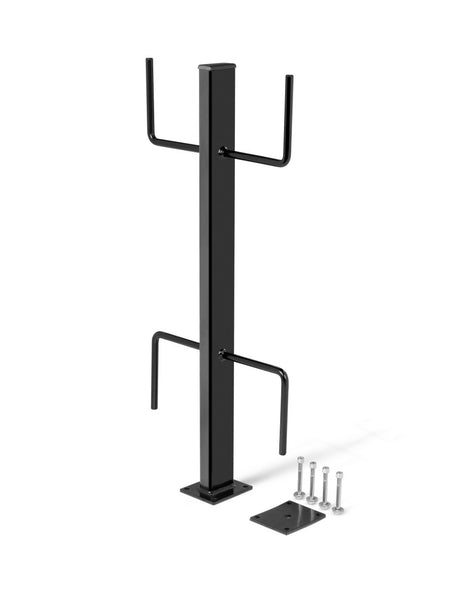 The Lincoln K2640-2 Cable Rack is a black metal rack with two pairs of horizontal arms, a rectangular base plate, four bolts with washers, and an included mounting bracket.