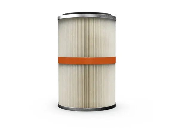 The Lincoln X-Tractor 2 Filter, MERV 16, OIL RESISTANT (KP5178-5) features pleated white material, metallic top/bottom edges, and an orange band—shown on a white background as a compatible replacement for the X-Tractor 2.