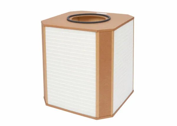The Lincoln HEPA Filter for Prism Mobile & Wall Mount (non-Cleaning) - KP1673-11 features a hexagonal design with white pleated sides, brown frame, and a circular top opening. Shown upright against a plain white background.
