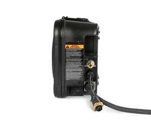 A close-up side view of a black electronic device shows attached cables, connectors, and a Lincoln KP4388-5 .035 DRIVE ROLL KIT, HYPERFILL, 2 ROLL. A warning label with an orange header is visible on the side.