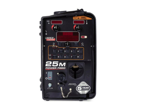 Front view of a Lincoln Electric 25M Power Feed industrial welding control unit with buttons, dials, digital display, and 5-year warranty. Compatible with Lincoln KP4388-5 .035 DRIVE ROLL KIT HYPERFILL, 2 ROLL for HyperFill applications.