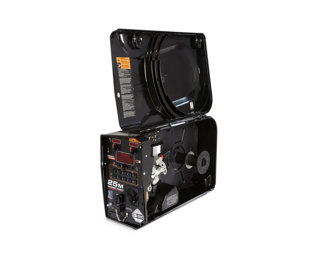 A black welding wire feeder box labeled 25M sits open on a white background, showing internal parts, wire spool holder, control panel, and wiring. It is compatible with the Lincoln KP4388-5 .035 DRIVE ROLL KIT, HYPERFILL, 2 ROLL.