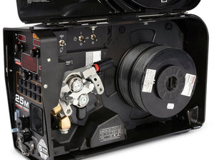 Close-up of an open welding wire feeder showing internal parts—rollers, controls, wiring, a large spool of welding wire, and a Lincoln KP4388-5 .035 DRIVE ROLL KIT, HYPERFILL, 2 ROLL.