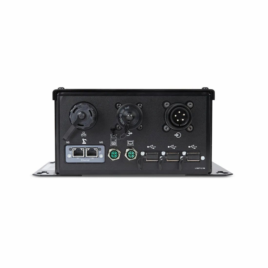 The Lincoln K5479-1 AUTOMATION INTERFACE MODULE, in black, features USB, Ethernet, circular connectors, and green terminal ports on a metal base—ideal for robotic welding integration when viewed from the rear.