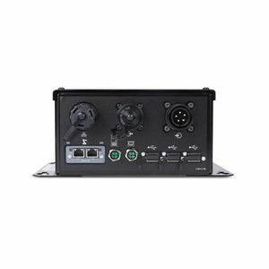 The Lincoln K5479-1 AUTOMATION INTERFACE MODULE, in black, features USB, Ethernet, circular connectors, and green terminal ports on a metal base—ideal for robotic welding integration when viewed from the rear.