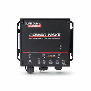 Front view of the Lincoln K5479-1 AUTOMATION INTERFACE MODULE, built for robotic welding integration, displays labeled ports, logos, and indicators on its black rectangular panel.