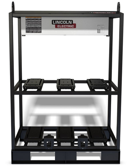 The Lincoln FLEXTEC 500X EMPTY 6-PACK RACK is a black metal rack by Lincoln Electric featuring multiple shelves and mounting plates, designed to organize and hold up to six welding machines and accessories.