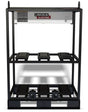 The Lincoln FLEXTEC 500X EMPTY 6-PACK RACK is a black metal rack by Lincoln Electric featuring multiple shelves and mounting plates, designed to organize and hold up to six welding machines and accessories.