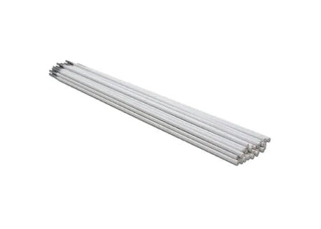 A bundle of Harris Alloy 26 Aluminum Electrode 5/32 x 14in rods (0002670) is neatly stacked on a white background. These silver electrodes are cylindrical, metallic, uniform in size, and feature darkened tips at one end.