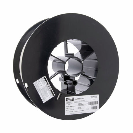 A large black spool of Harris 5356 Aluminum MIG GMAW Welding Wire (.035, 16 lb, 05356F6) features a white label with a barcode on the outer edge, an open circular center, and is set against a plain white background.