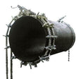 Mathey Dearman Double Chain Pipe Clamp D251-1060 for 10”-60” pipes, welding tool with metal chains on pipe, white background.