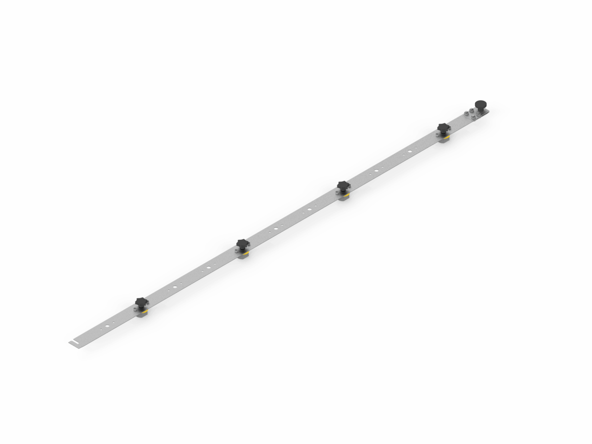 Bug-O KBUG Guide Rail Assembly 100-0902 welding accessory with 5 black knobs, yellow rings, and a black handle on white background.
