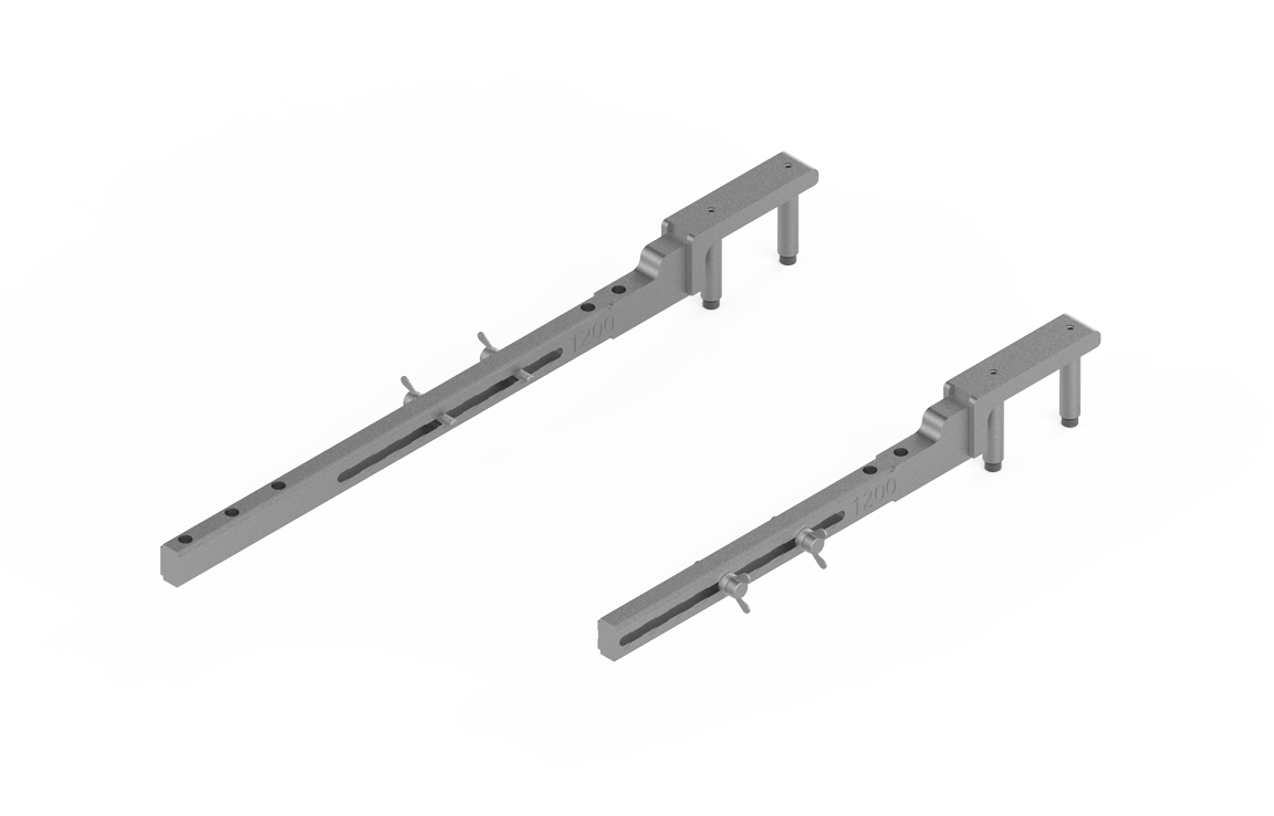 Bug-O KBUG-1200 Arm Guide Kit brackets with notches and pins for welding automation, shown side by side on white background.