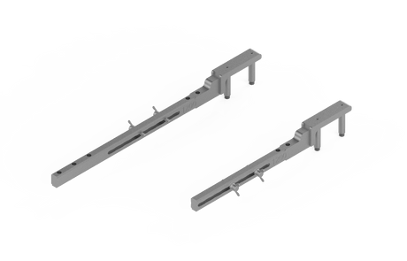 Bug-O KBUG-1200 Arm Guide Kit brackets with notches and pins for welding automation, shown side by side on white background.
