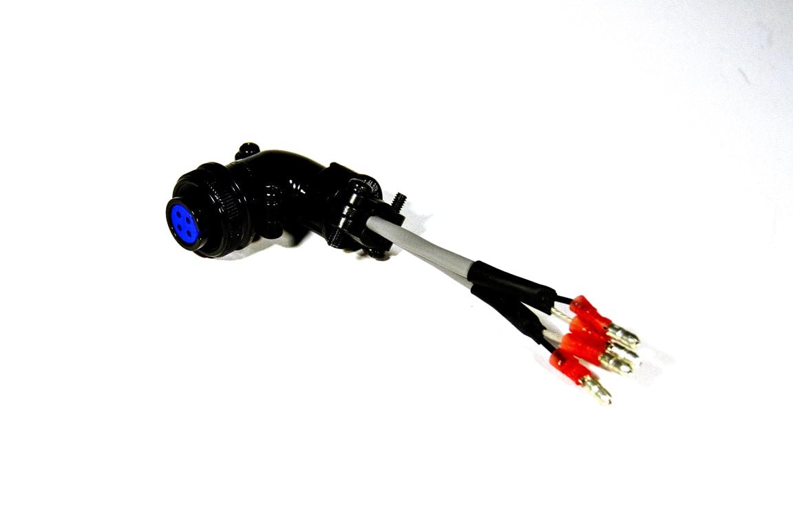 Bug-O AIO TRIGGER CONTROL Y CABLE, welding accessory, 0.15M, right-angle black cable, blue connector, red/gold terminals.