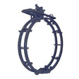 A large, circular metal clamp with a hinged top and multiple handles, such as a Mathey Dearman Cage Clamp, is used for securely holding or adjusting pipes—ideal for 18 pipe alignment during industrial work.