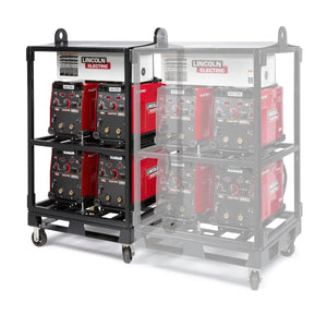 A black metal inverter rack on wheels holds six red Lincoln Electric welding machines with black front panels and control knobs. The rack uses the Lincoln Caster Kit K2665-1 for easy mobility.