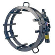 A metal hydraulic pipe clamp with a circular frame, reinforced support bars, and a hydraulic mechanism attached to one side, used for pipe alignment and welding.