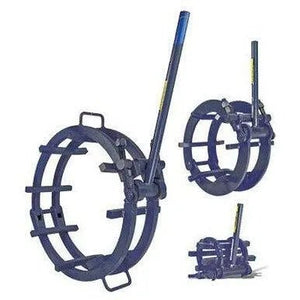 Three views of a pipe cutting and beveling machine with a circular frame, cage clamp, adjustable clamps, and a long handle, designed for precise use on cylindrical pipes—ideal for 26 pipe alignment with no tack welding required.