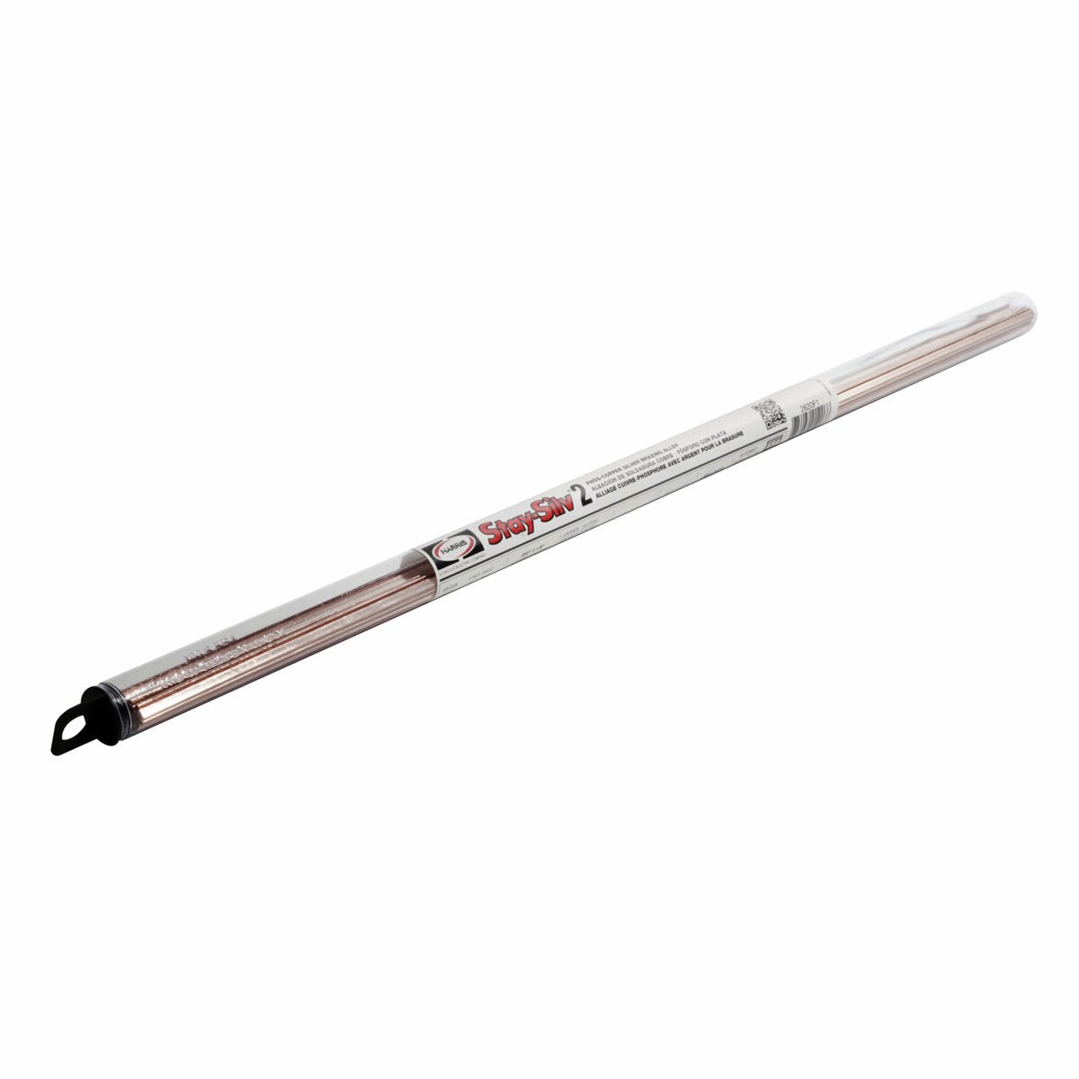 A transparent tube with a black cap contains neatly bundled Harris Stay-Silv 2HP Phos-Copper Brazing Alloy rods (1/8 in, 25 lb box, 2H636R), ideal for copper-to-brass brazing. The white label displays product details in red and black.