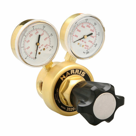 Harris 3520-125 High-Flow Inline Manifold Regulator for welding, brass body, dual gauges, black knob, gas control accessory.