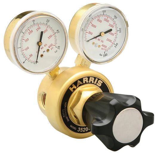 Harris 3520-250 in-line regulator for welding, high-flow, non-corrosive, dual gauges, black knob; ideal gas control accessory.