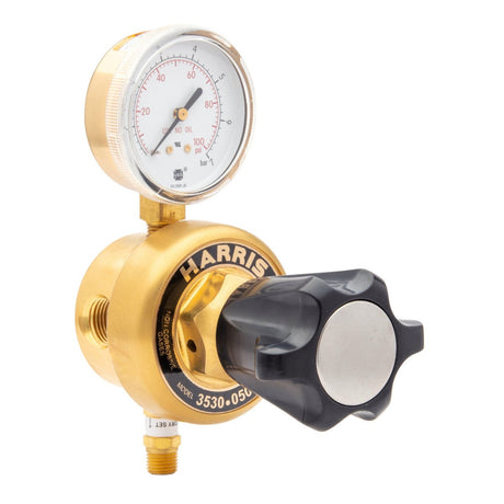 Harris 3530-4000801 high-flow gas regulator for welding, with brass body, single gauge, non-corrosive manifold, and black knob.
