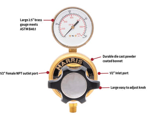 Harris 3530 High Flow Welding Regulator, 2.5" gauge, powder-coated bonnet, adjustable knob, 1/2” inlet/outlet ports.