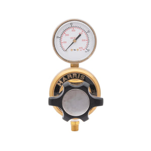 Harris 3530-4000804 High Flow Brass Regulator for welding, with single gauge, non-corrosive design, HARRIS knob, white background.