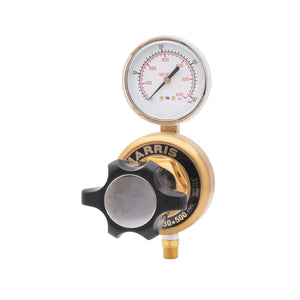 Harris 3530-4000804 high flow single gauge regulator for welding, brass body, black knob, 600 psi gauge, precise gas control.