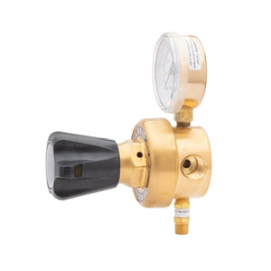 Harris 3530-4000804 single gauge in-line welding regulator, brass body, non-corrosive, black knob, pressure gauge, on white.