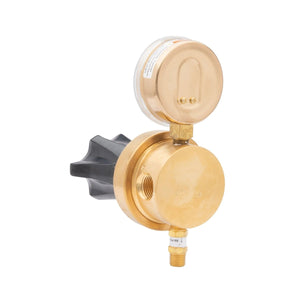 Harris 3530-4000804 High Flow Single Gauge Welding Regulator with round gauge, black knob, and threaded connectors on white background.